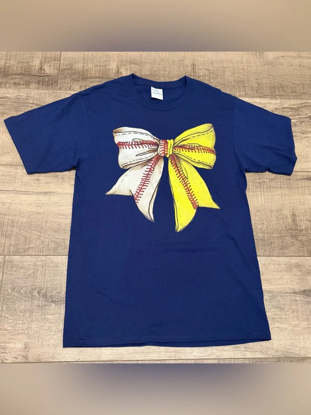 NWOT: Navy Blue Graphic Bow Baseball/Softball Tee - Picture 2 of 3